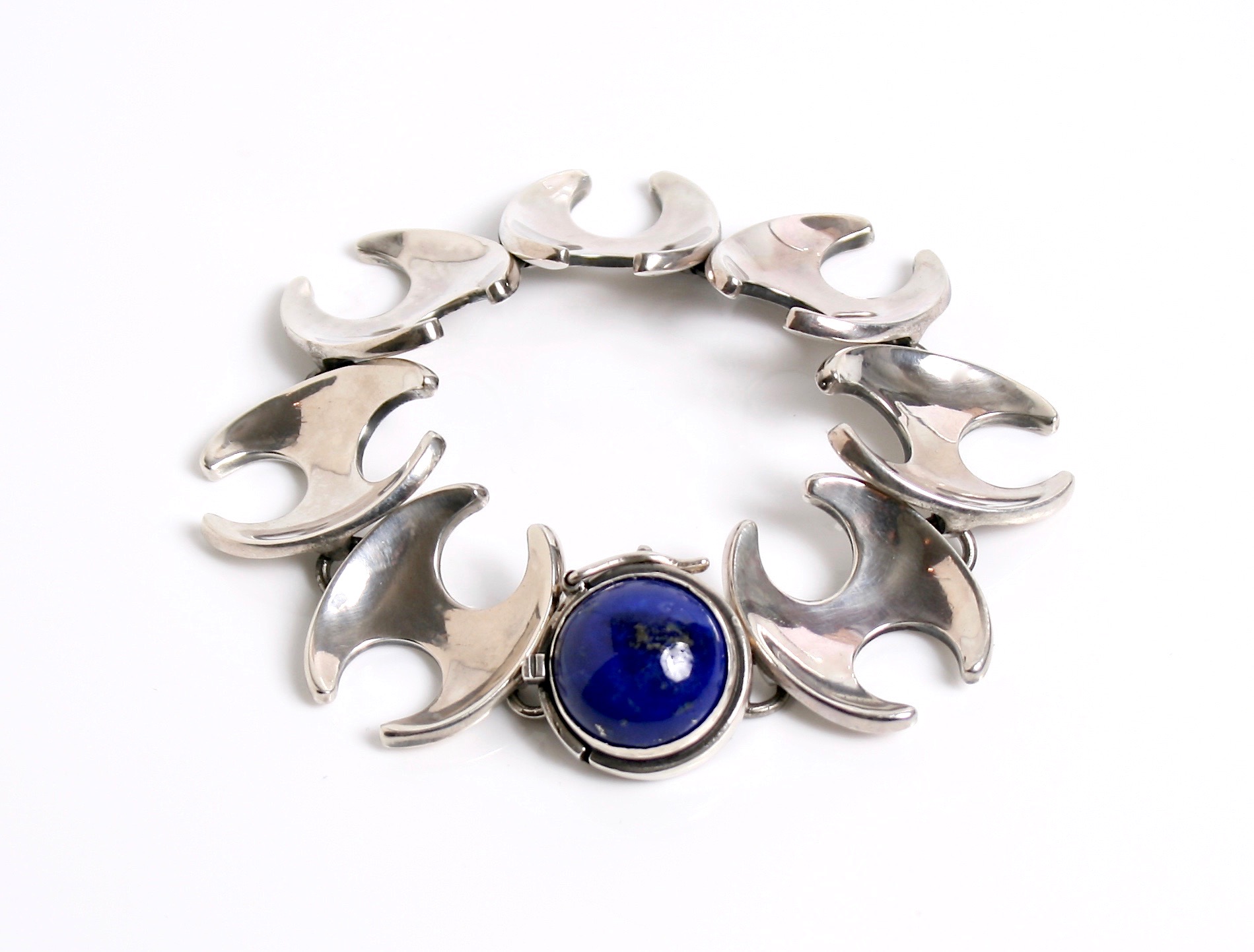 Super Rare Original Vintage Sterling Silver & Lapis Bracelet Designed by Henning Koppel for Georg Jensen Denmark c.1950.  Length 20.5cm Width 4cm at Grasilver.com